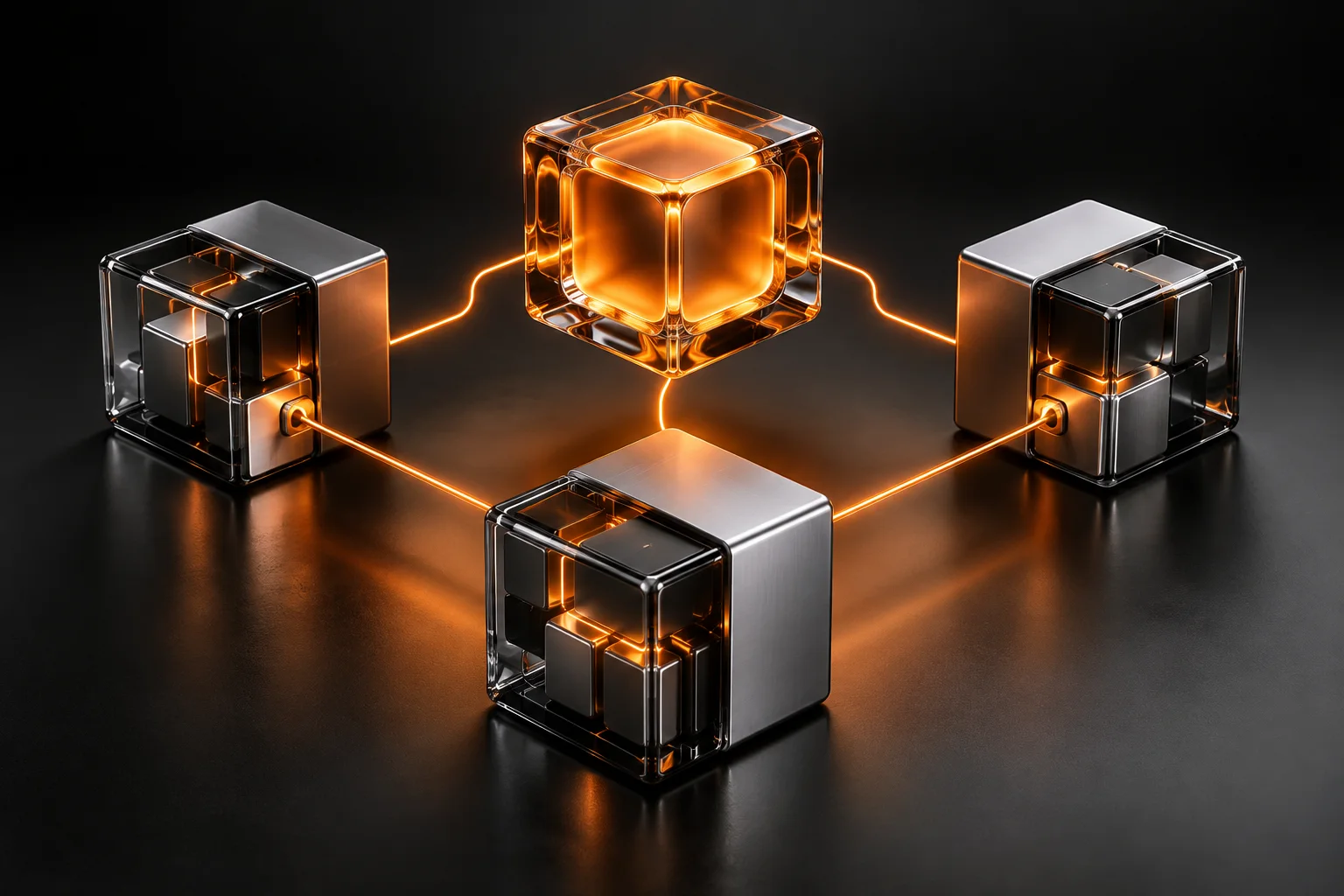 Metal and glass modules connected by paths of orange light
