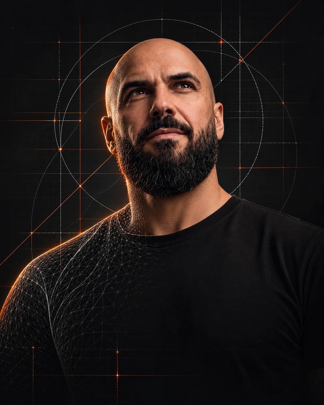 Portrait of Fabio Galuppi with a 3D wireframe, technical lines and orange accents