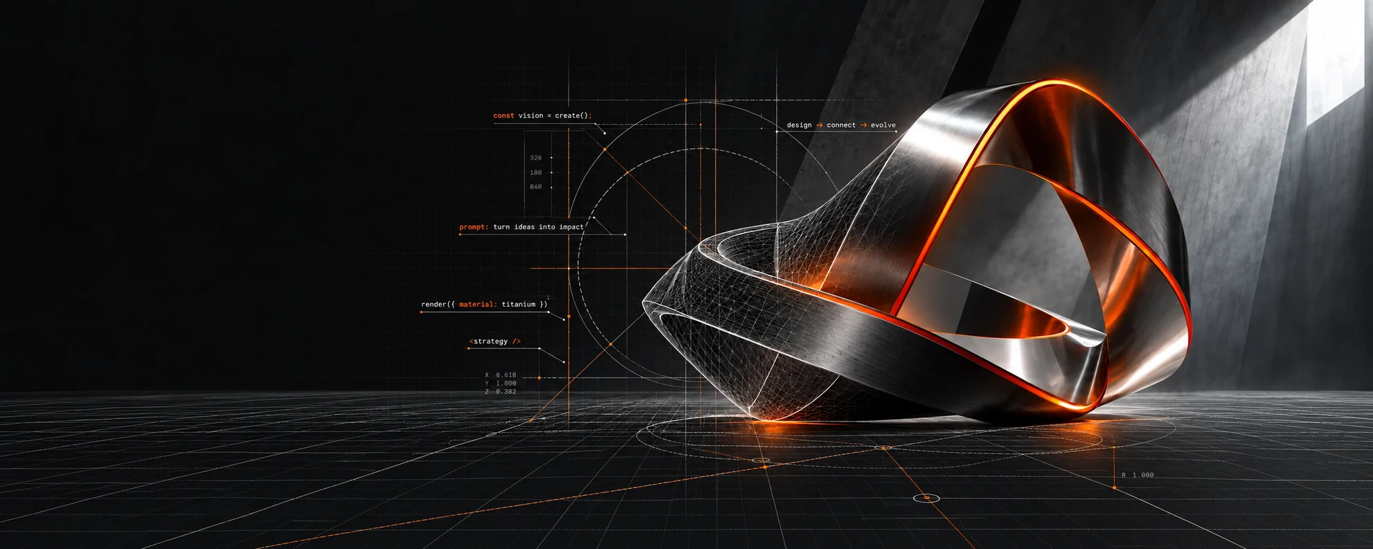 A blueprint with wireframe geometry, code and prompts transitions into an orange-lit metallic sculpture on a technical drawing floor